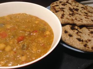 red lentil and chickpea dhal with vegan naan bread